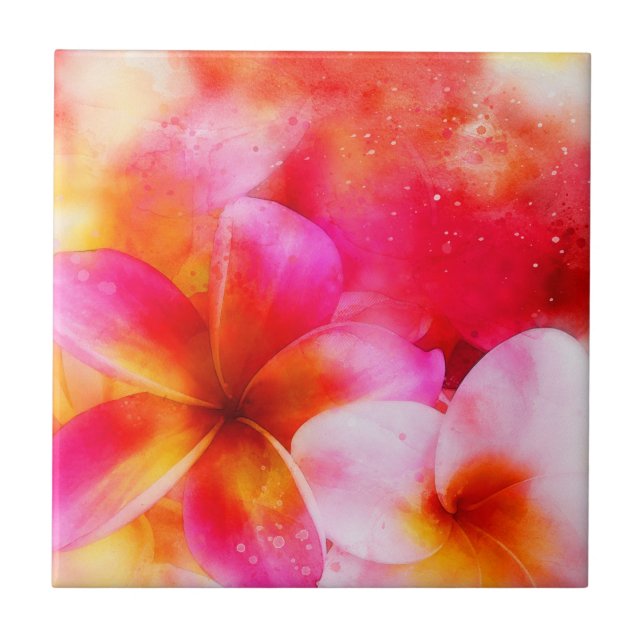 Hawaiian Plumeria in Neon Pink, Yellow, and White Ceramic Tile (Front)