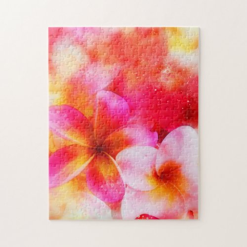 Hawaiian Plumeria in Neon Pink Yellow and White Jigsaw Puzzle