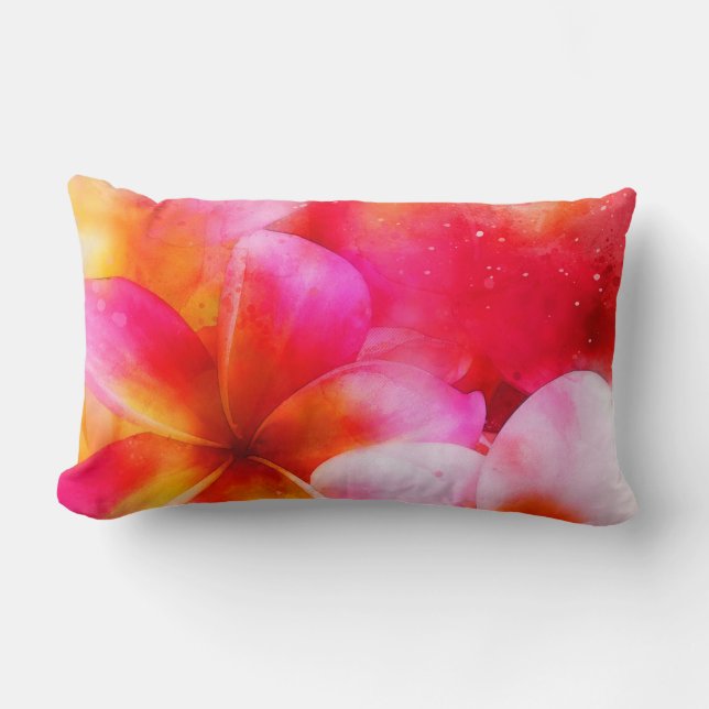 Hawaiian Plumeria in Neon Pink, Yellow, and White Lumbar Pillow (Front)