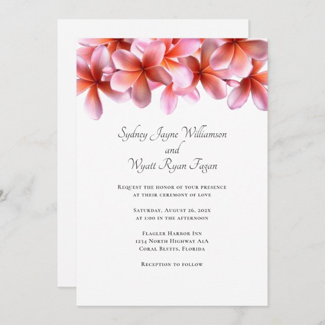 Hawaiian Plumeria Pink Floral Casual Wedding  Invitation (Front/Back)