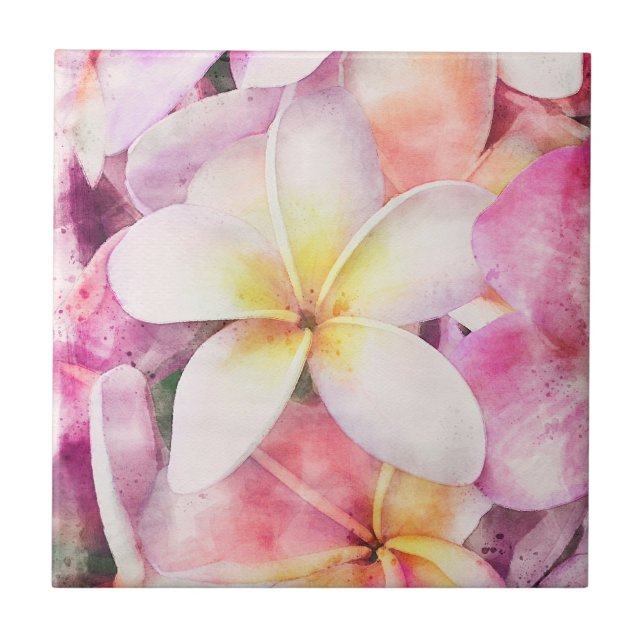 Hawaiian Plumeria Tropical Floral Ceramic Tile (Front)