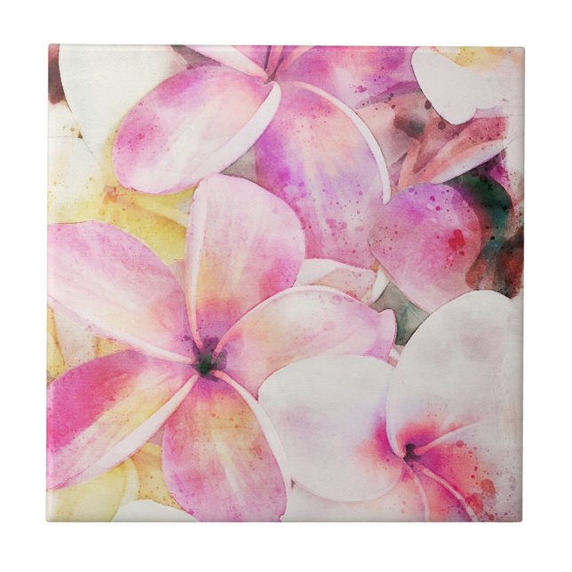 Hawaiian Plumeria Tropical Floral Ceramic Tile (Front)