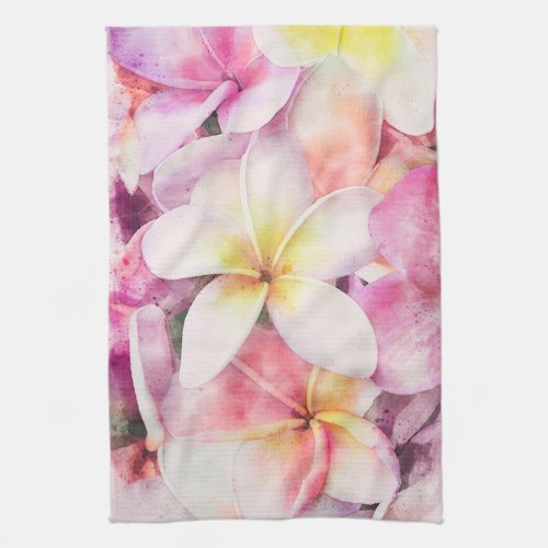 Hawaiian Plumeria Tropical Floral Watercolor Kitchen Towel