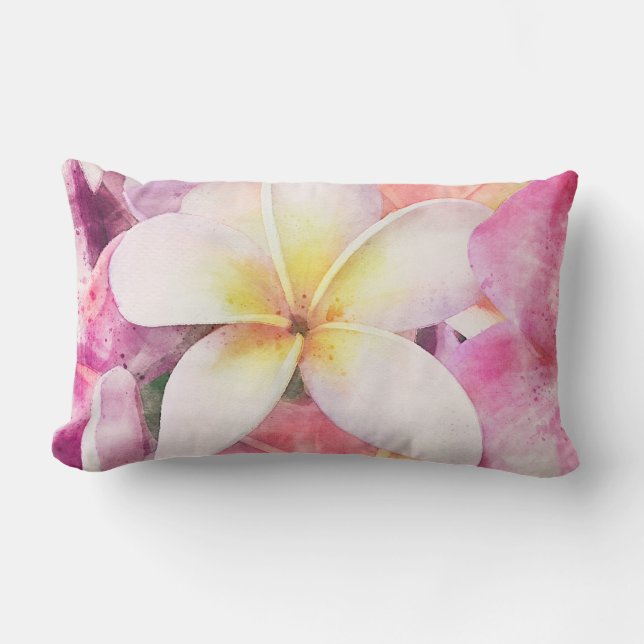 Hawaiian Plumeria Tropical Floral Watercolor Lumbar Pillow (Front)
