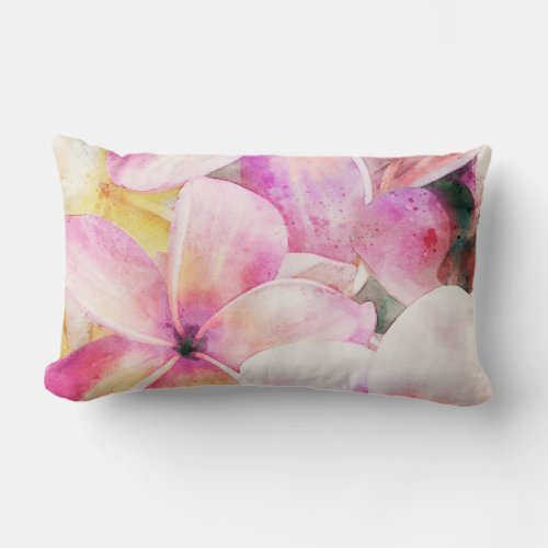 Hawaiian Plumeria Tropical Floral Watercolor Lumbar Pillow