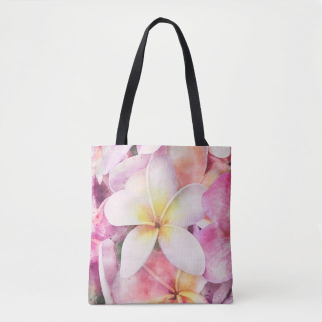 Hawaiian Plumeria Tropical Floral Watercolor Tote Bag (Front)