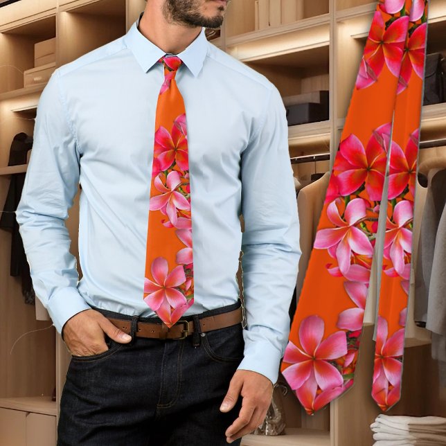 Hawaiian Plumeria Tropical Pink Floral Orange Neck Tie (Creator Uploaded)