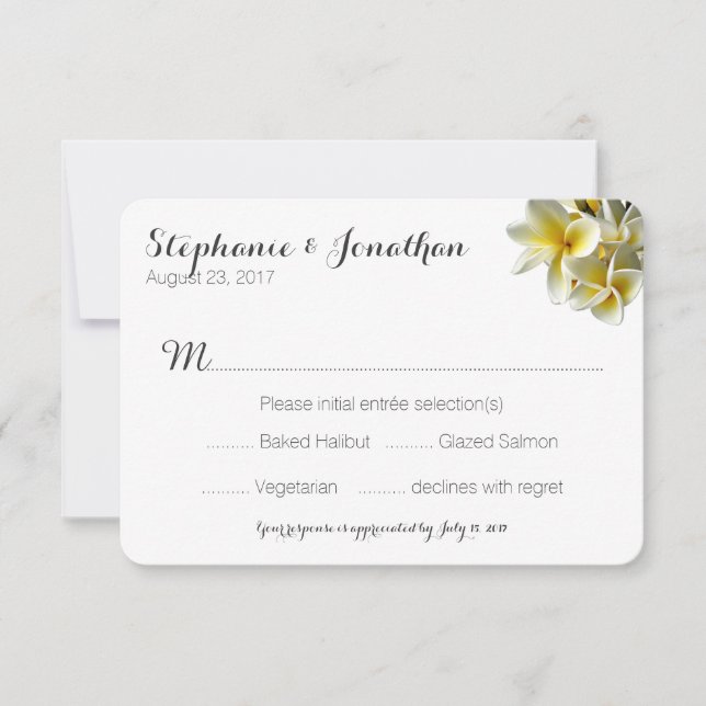 Hawaiian Plumeria White Wedding Reply With Menu (Front)