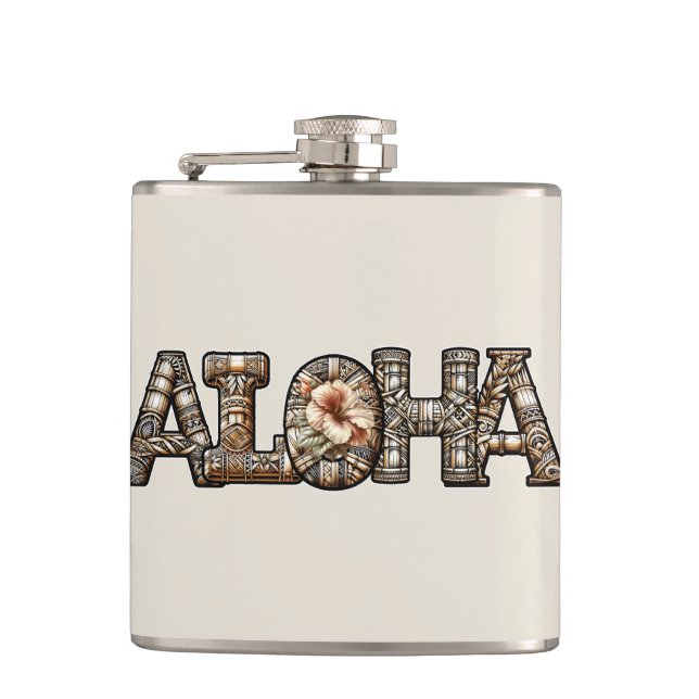 Hawaiian Polynesian Aloha Bamboo Look Flask (Front)