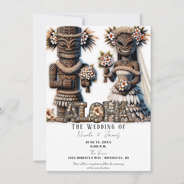 Hawaiian Polynesian Tiki Bride and Groom Wedding  Invitation (Front)