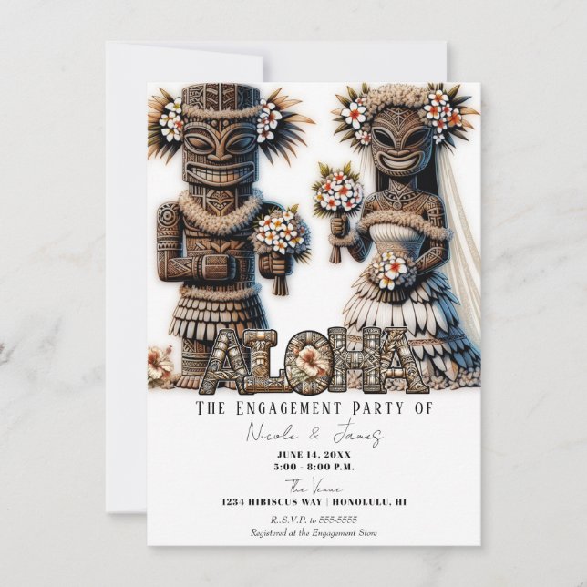 Hawaiian Polynesian Tiki Bride Groom Engagement Invitation (Front)