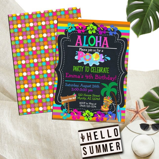 Hawaiian Pool Party Luau Chalkboard Birthday Invitation (Creator Uploaded)