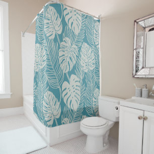 Hawaiian print blue palm and monstera  shower curtain