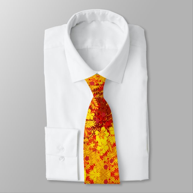Hawaiian Print Hibiscus Flowers Red Neck Tie (Tied)