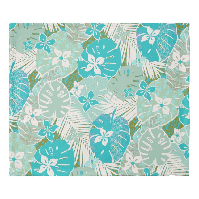 Hawaiian print monstera and palms on blue duvet cover (Front)
