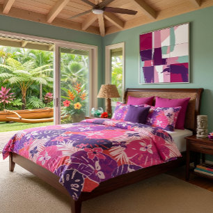 Hawaiian print monstera and palms on pink duvet cover
