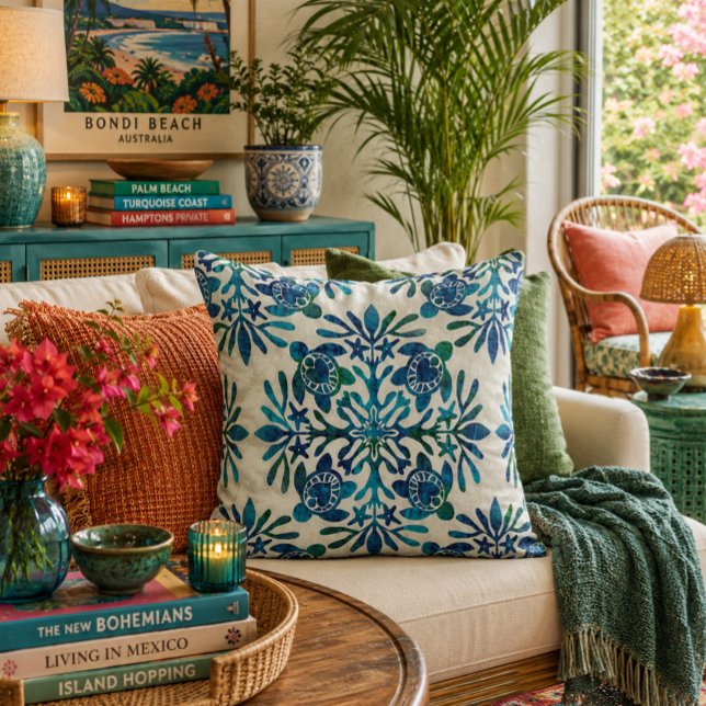 Hawaiian print quilt honu turtle  throw pillow (Creator Uploaded)