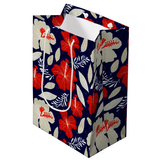 Hawaiian print red hibiscus  medium gift bag (Front Angled)