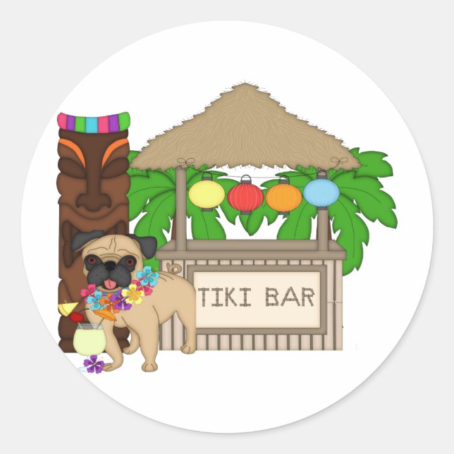 Hawaiian Pug at Tiki Bar Customizable Tees, Gifts Classic Round Sticker (Front)