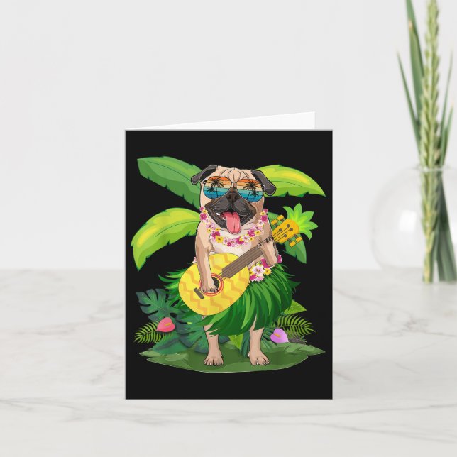 Hawaiian Pug Dog &amp; Pineapple Ukulele Summer Va Card (Front)