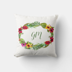 Hawaiian Radiant Tropical Floral Wreath Monogram Throw Pillow