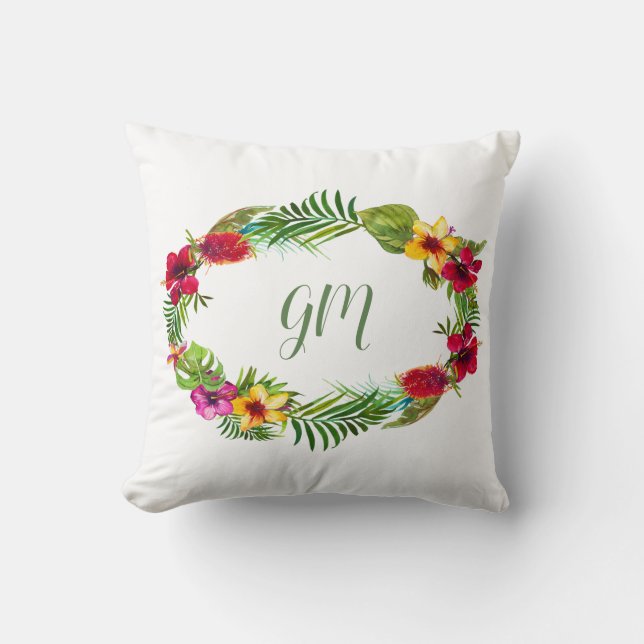 Hawaiian Radiant Tropical Floral Wreath Monogram Throw Pillow (Front)