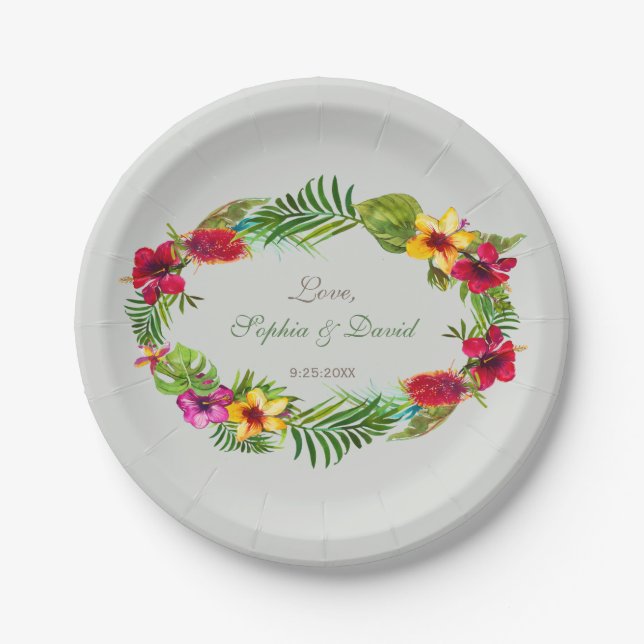 Hawaiian Radiant Tropical Floral Wreath Wedding Paper Plates (Front)