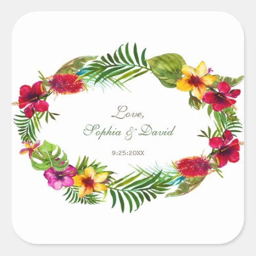 Hawaiian Radiant Tropical Floral Wreath Wedding Square Sticker