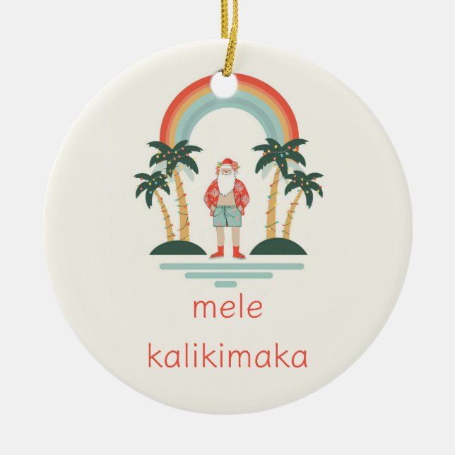 Hawaiian/Rainbow/Palms Santa Ceramic Ornament (Front)