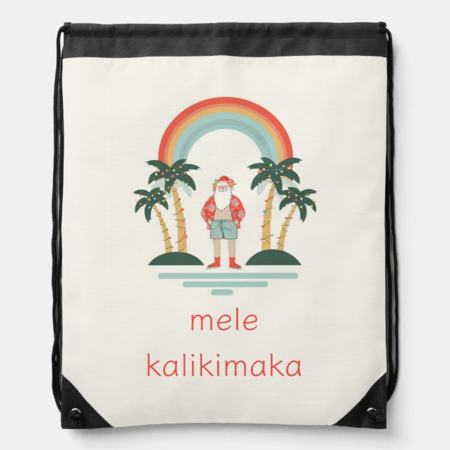 Hawaiian/Rainbow/Palms Santa Drawstring Bag (Front)