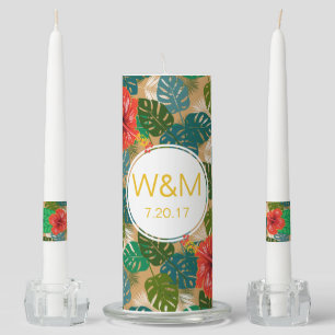 Hawaiian Red Hibiscus Luau Bride & Groom Monograms Unity Candle Set