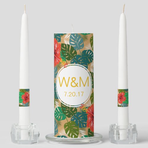 Hawaiian Red Hibiscus Luau Bride  Groom Monograms Unity Candle Set