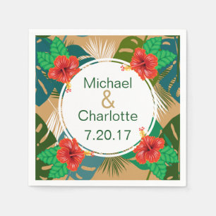 Hawaiian Red Hibiscus Luau Bride & Groom Names Napkins