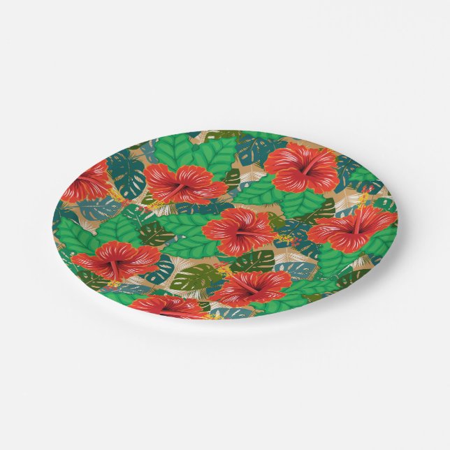 Hawaiian Red Hibiscus Luau Wedding Paper Plates (Angled)