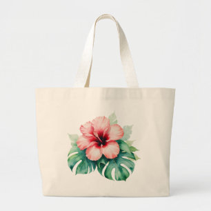 Hawaiian Red Hibiscus with Monstera Hawaii Love Large Tote Bag