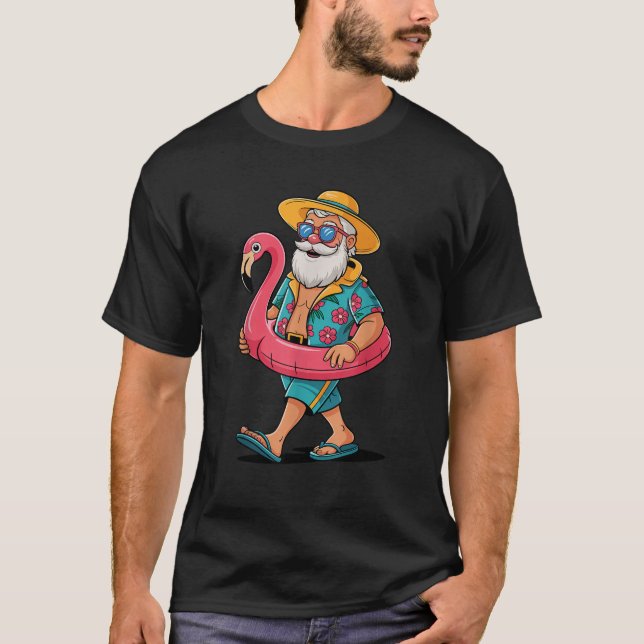 Hawaiian Santa Claus Flamingo Float Funny Christma T-Shirt (Front)