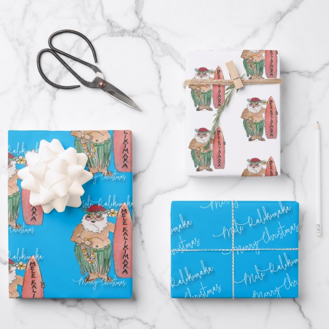 Hawaiian Santa Claus Mele Kalikimaka Wrapping Paper Sheets (Front)