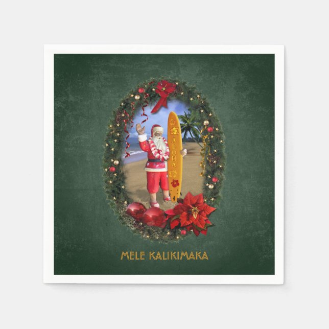Hawaiian Santa with Surfboard at the Beach Napkins (Front)