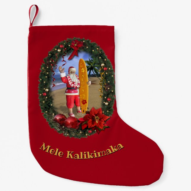 Hawaiian Santa with Surfboard Christmas Stocking (Front)