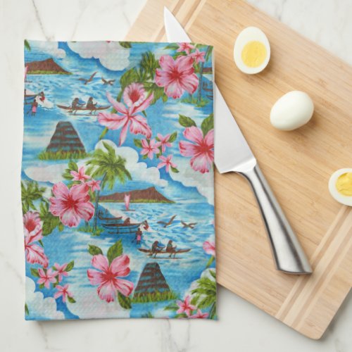 Hawaiian Scenes in Pastel Colors Kitchen Towel