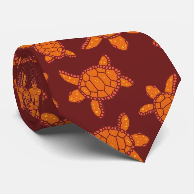 Hawaiian Sea Turtle Burgundy and Orange Wedding Neck Tie (Rolled)