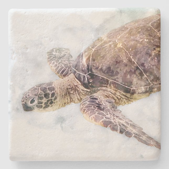 Hawaiian Sea Turtle Realistic Watercolor Stone Coaster (Front)