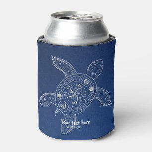 Hawaiian Sea Turtle White on Blue Beach Tropical Can Cooler