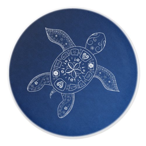 Hawaiian Sea Turtle White on Blue Beach Tropical Ceramic Knob