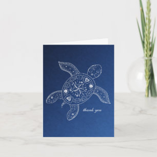 Hawaiian Sea Turtle White on Blue Beach Tropical Letterpress Thank You Card