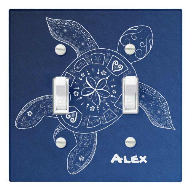 Hawaiian Sea Turtle White on Blue Beach Tropical Light Switch Cover (In Situ)