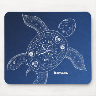 Hawaiian Sea Turtle White on Blue Beach Tropical Mouse Pad