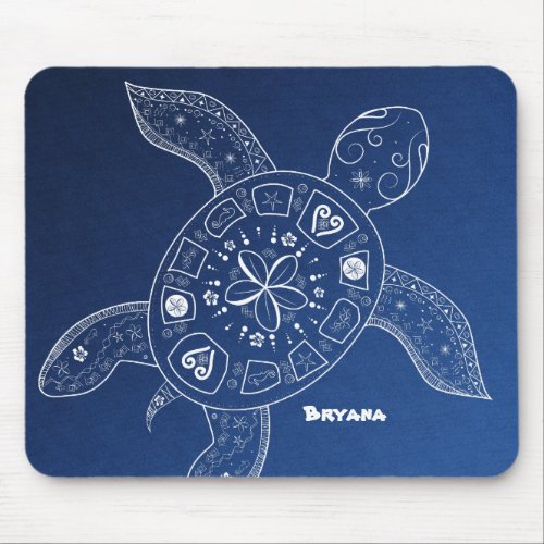 Hawaiian Sea Turtle White on Blue Beach Tropical Mouse Pad