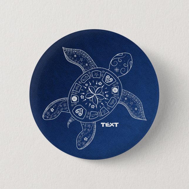 Hawaiian Sea Turtle White on Blue Beach Tropical Pinback Button (Front)