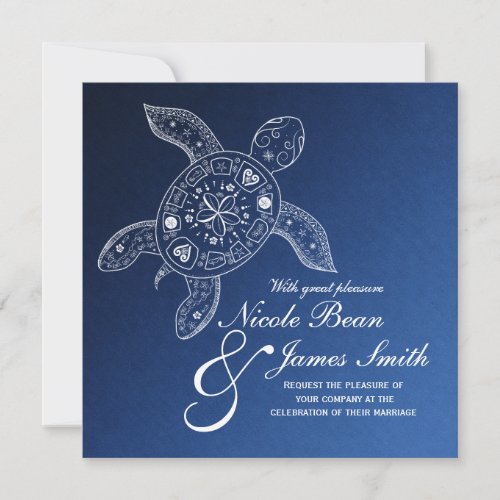 Hawaiian Sea Turtle White on Blue Beach Wedding Invitation